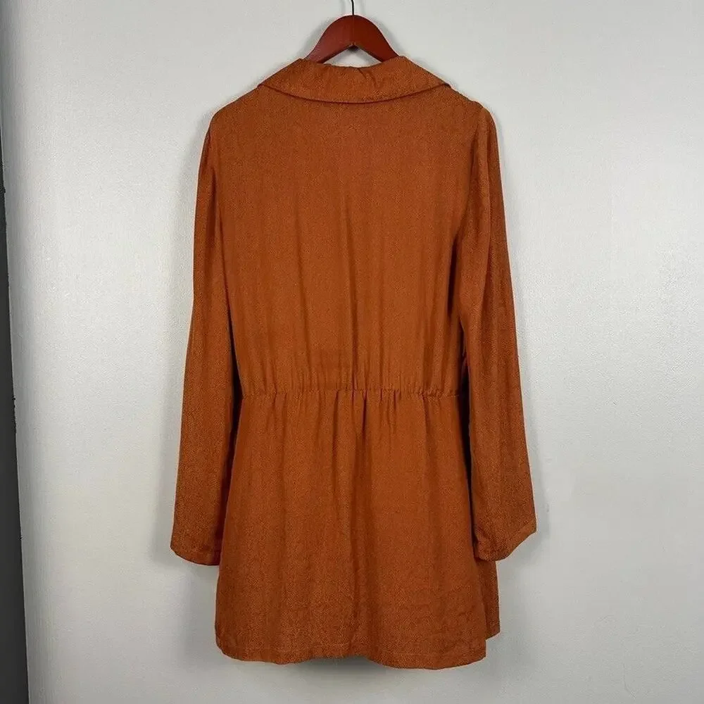 Free People Simone Notch Lapel Cinnabar Mini Dress Size Medium Brown Long Sleeve